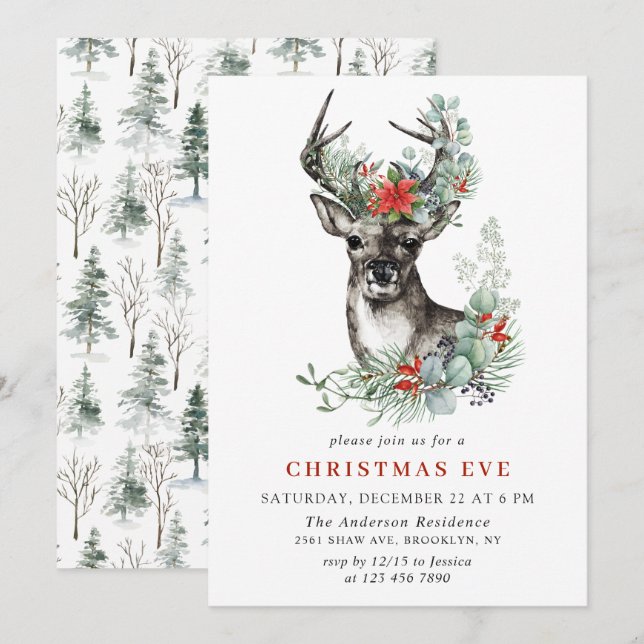Invitation Elegant Deer Poinsettia Vacances NOËL EVE (Devant / Derrière)