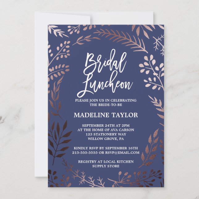 Invitation Élégant déjeuner de mariée Rose Gold et Marine (Devant)