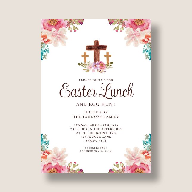 Invitation Élégant déjeuner de Pâques de la Croix Florale (Elegant Floral Cross Easter Lunch Invitation)