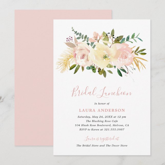 Invitation Élégant déjeuner floral rose brillant rose nuptial (Devant / Derrière)