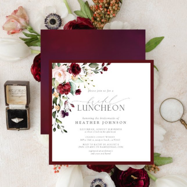 Invitation Élégant déjeuner nuptial Floral Bourgogne (Créateur téléchargé)
