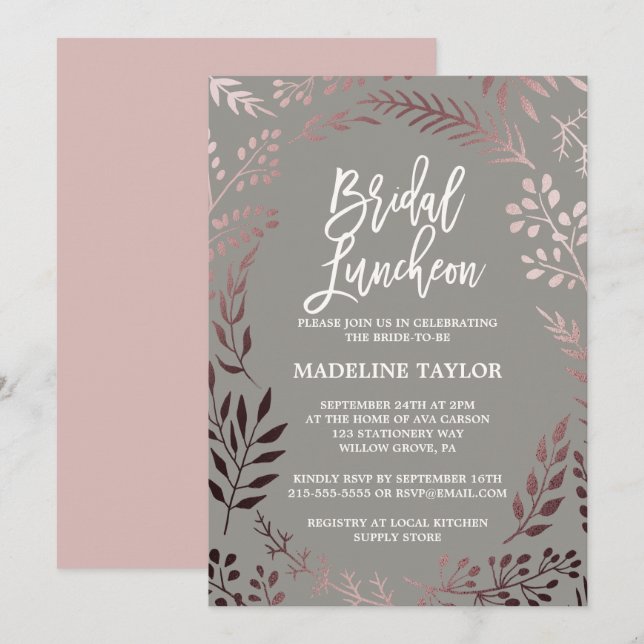 Invitation Élégant déjeuner Rose d'or et gris nuptiale (Devant / Derrière)