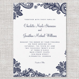 Invitation Élégant Délicat Dentelle Mariage Bleu Nuit Blanc C