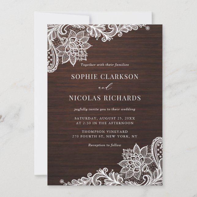 Invitation Elégant dentelle antique Mariage en bois rustique (Devant)
