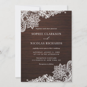 Invitation Elégant dentelle antique Mariage en bois rustique