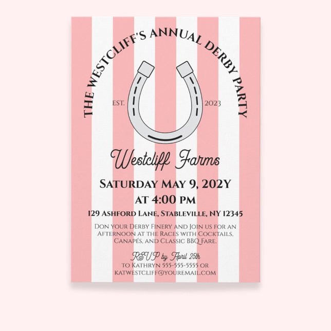 Invitation Élégant Derby Party Pink Cabana Stripes Horseshoe (Pink Cabana Stripes Horseshoe Derby Horse Racing Party Invitation)