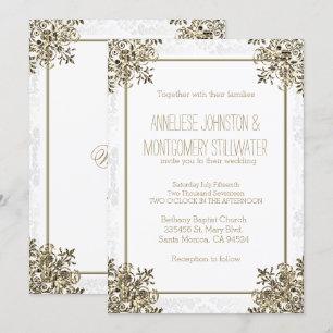 Invitation Elégant design or orné sur Damas blanc