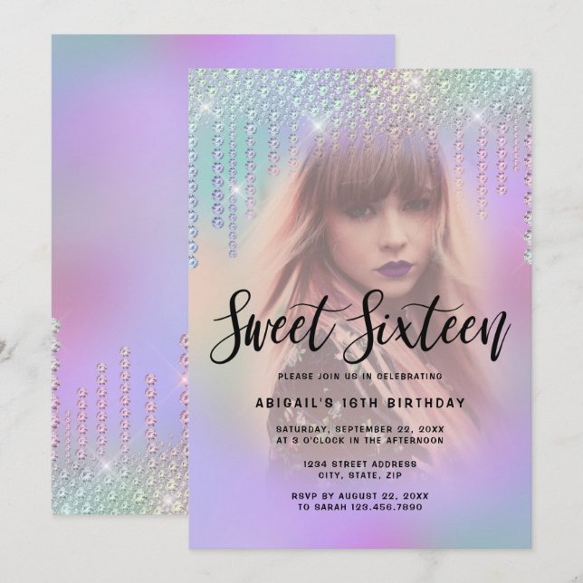 Invitation Élégant diamant de poussette gouttes de sweet sixt (Devant / Derrière)