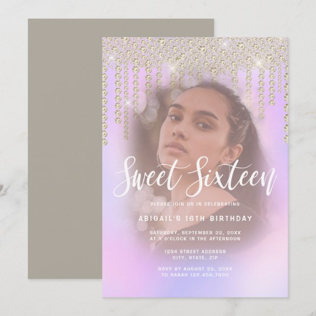 Invitation Élégant diamant d'or gouttes de sweet sixteen viol (Devant / Derrière)