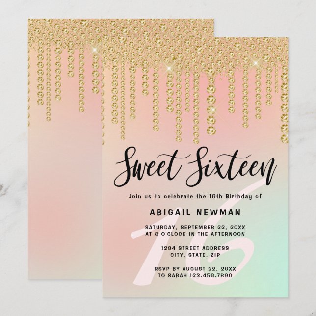 Invitation Élégant diamant d'or moderne goutte sweet sixteen (Devant / Derrière)