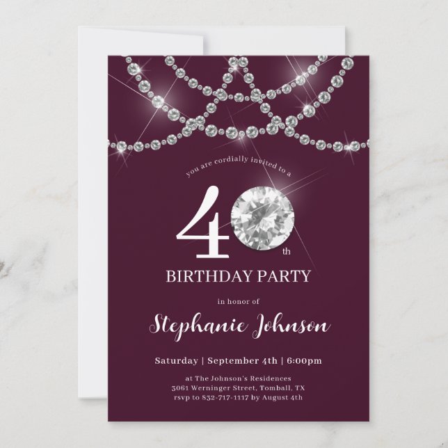 Invitation Elégant Diamants Bourgogne 40e anniversaire fête (Devant)
