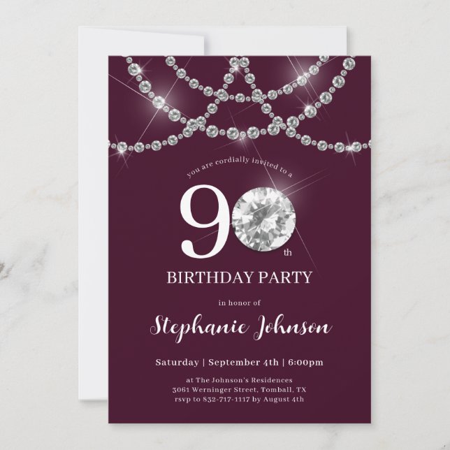 Invitation Elégant Diamants Bourgogne 90e anniversaire fête (Devant)
