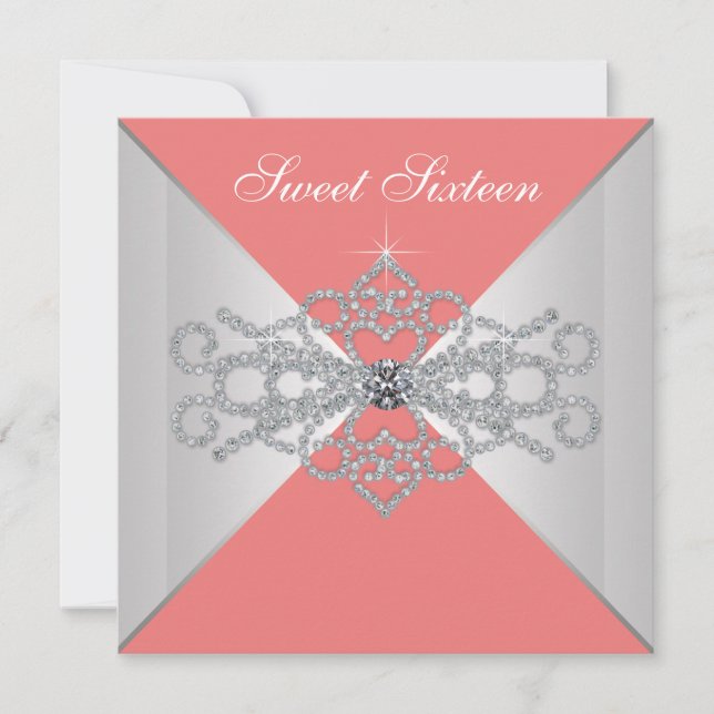 Invitation Élégant Diamants Coral Sweet 16 Anniversaire Fête (Devant)