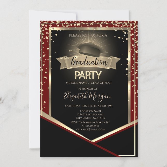 Invitation Élégant Diamants Grad Casquette Red Graduation (Devant)