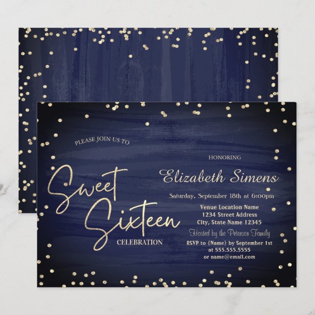 Invitation Elégant Diamants Marine Bleu Gold Script Sweet 16 (Devant / Derrière)