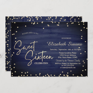Invitation Elégant Diamants Marine Bleu Gold Script Sweet 16