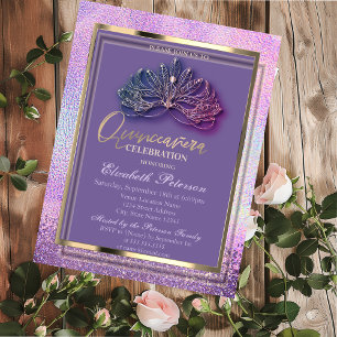Invitation Elégant Diamants Masques Holographique Quinceañera
