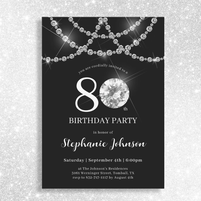 Invitation Elégant Diamants Noir 80e anniversaire fête (Mockup View)