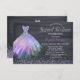 Invitation Élégant Diamants Robe Black Sweet 16 Pouces