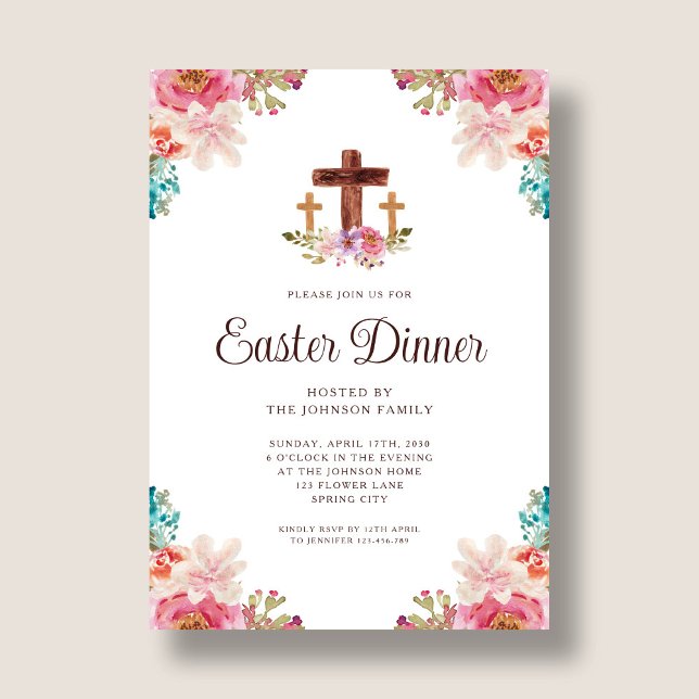 Invitation Elégant dîner de Pâques de la Croix Florale (Elegant Floral Cross Easter Dinner Invitation)
