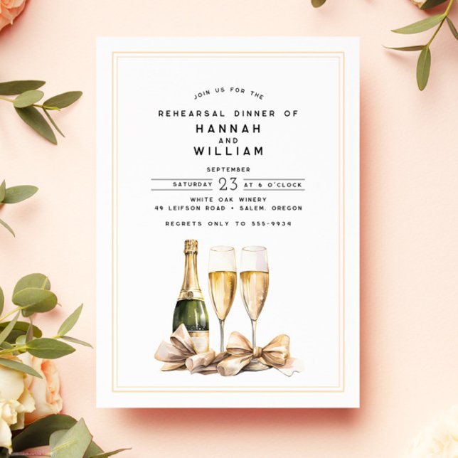 Invitation Elégant Dîner De Répétition De Bow Champagne Aquar (Créateur téléchargé)