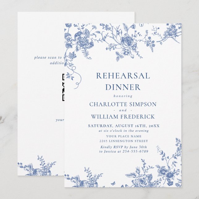 Invitation Élégant dîner de répétition de jardin bleu françai (Devant / Derrière)