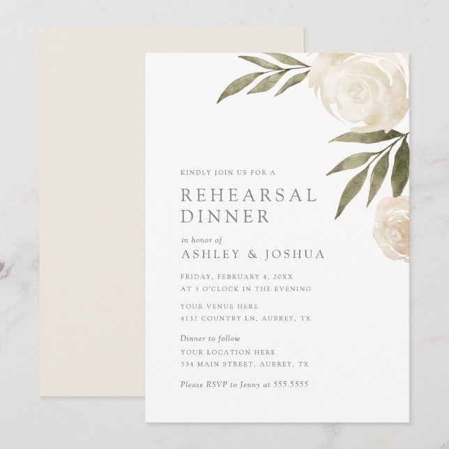 Invitation Élégant Dîner De Répétition Floral Blanc Inv (Devant / Derrière)