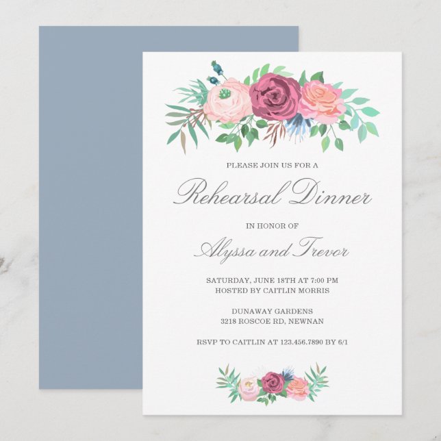 Invitation Élégant dîner de répétition floral bleu rose bleu  (Devant / Derrière)
