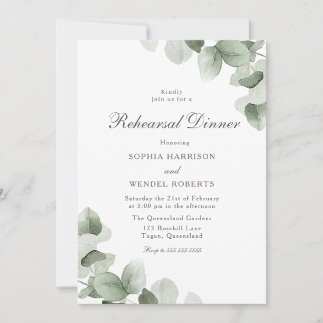 Invitation Élégant Dîner de répétition Mariage Feuille vert (Devant)