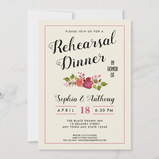Invitation Élégant dîner de répétition Mariage floral Invitat (Devant)