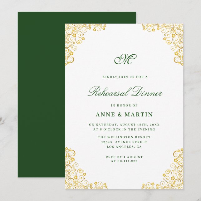Invitation Élégant dîner de répétition or floral (Devant / Derrière)