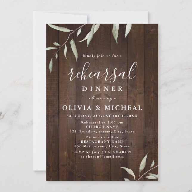 Invitation Élégant dîner de répétition rustique en bois vert (Devant)