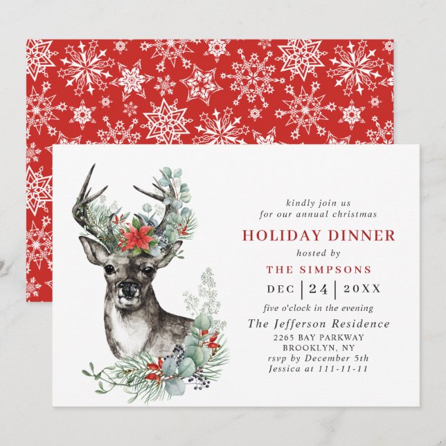 Invitation Élégant DÎNER DE VACANCES DE NOËL Deer Poinsettia (Devant / Derrière)