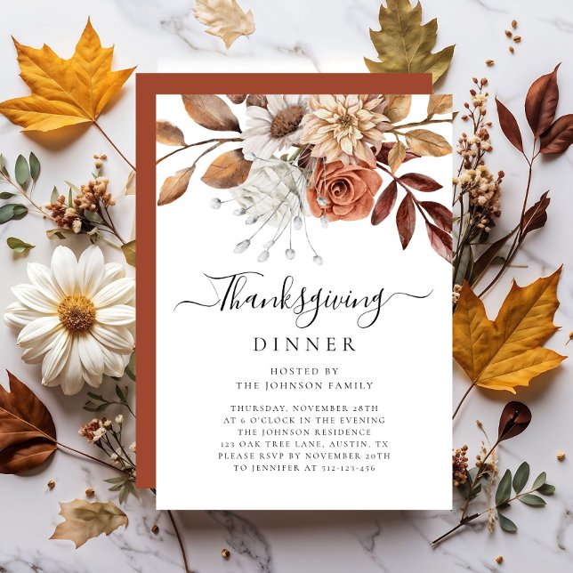 Invitation Élégant Dîner Floral D'Action De Grâce Automne (Elegant Fall Floral Thanksgiving Dinner Invitation)
