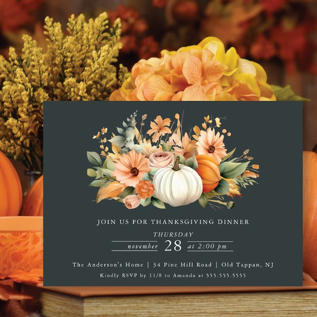 Invitation Élégant dîner Floral Thanksgiving Citrouille (Créateur téléchargé)