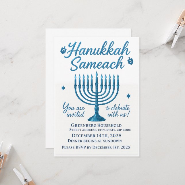 Invitation Élégant dîner Hanoukka Sameach (Devant/Arrière en situation)
