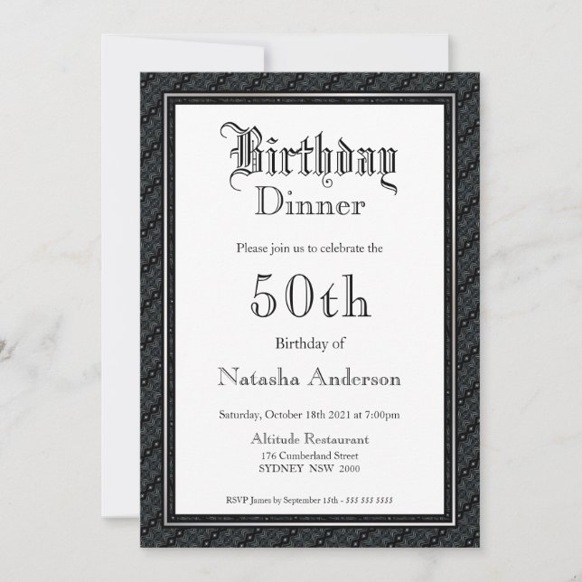 Invitation Élégant dîner noir et blanc 50e anniversaire (Devant)