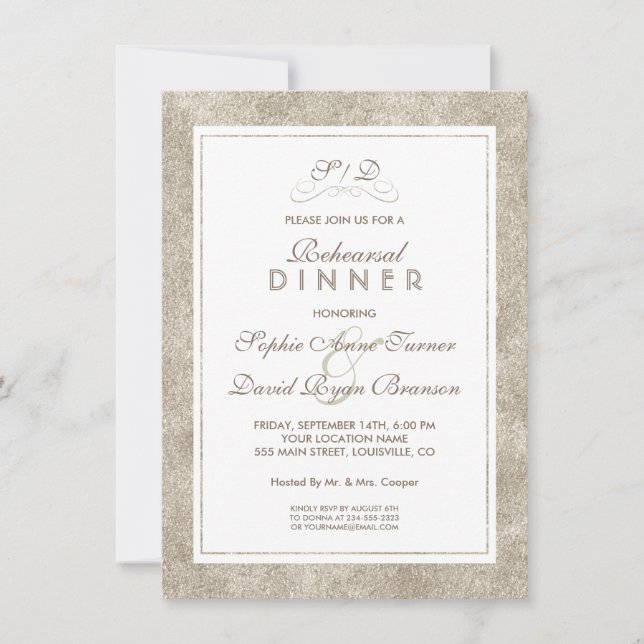 Invitation Élégant DÎNER RÉPÉTITIF À LA FRONTIÈRE Argent et B (Devant)