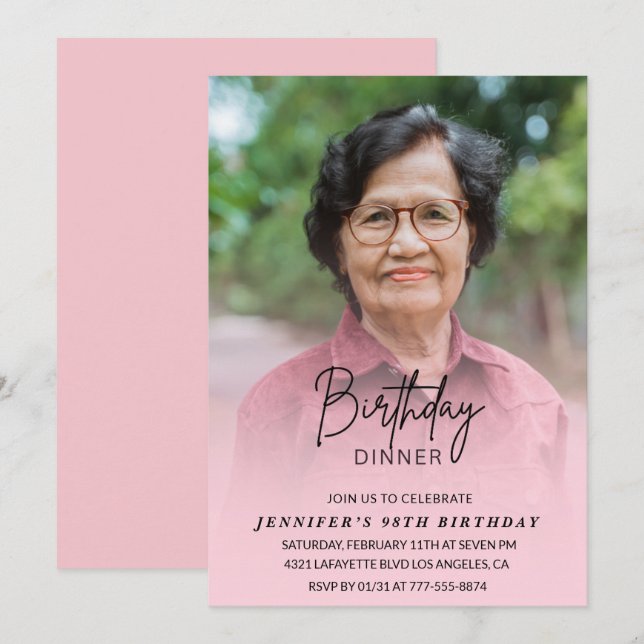Invitation Élégant dîner rose ombre Photo 98e anniversaire (Devant / Derrière)