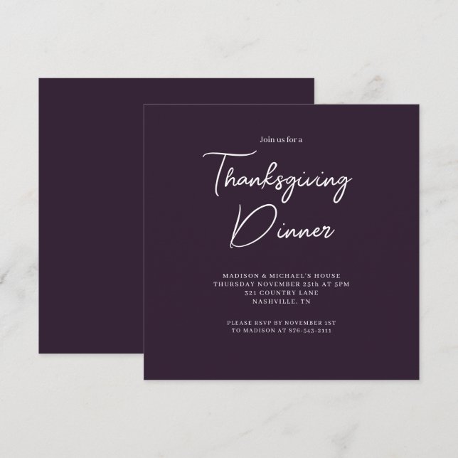 Invitation Élégant Dîner Thanksgiving Purple Script (Devant / Derrière)