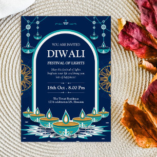 Invitation Élégant Diwali bleu et or Festival des lumières