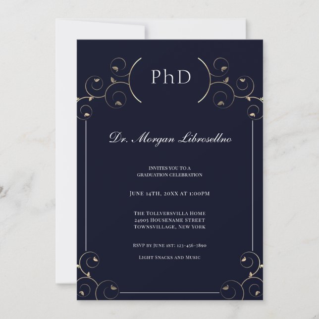 Invitation Élégant doctorat Gold Blue Graduation (Devant)