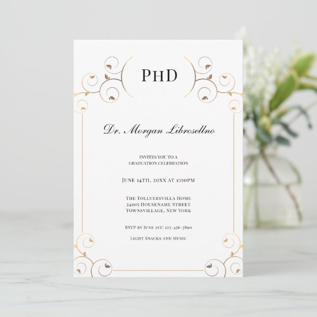Invitation Élégant doctorat Gold White Graduation Party (Debout devant)