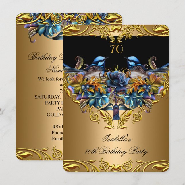 Invitation Elégant doré bleu oiseau noir 70e anniversaire (Devant / Derrière)