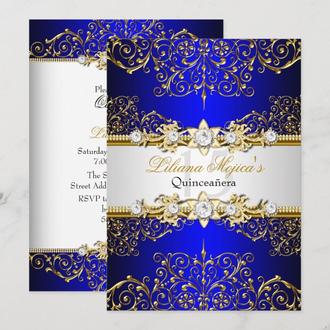 Invitation Elégant doré bleu Vintage glamour Quinceanera (Devant / Derrière)