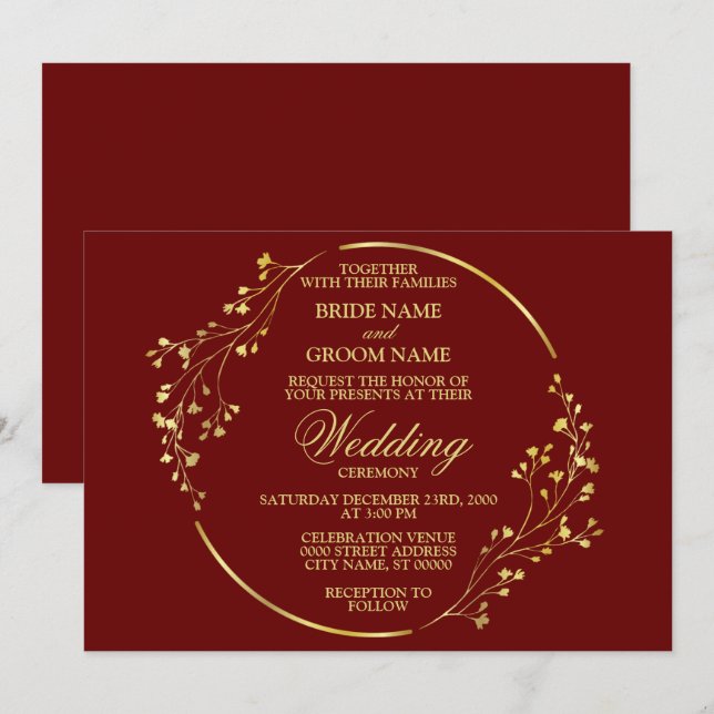 Invitation Elégant doré Floral géométrique couronne rouge (Devant / Derrière)