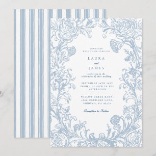Invitation Élégant dos rayé à blason floral bleu mariage