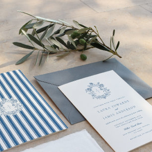 Invitation Élégant dos rayé à blason floral bleu mariage