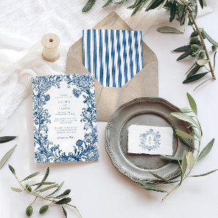 Invitation Élégant dos rayé à blason floral bleu mariage