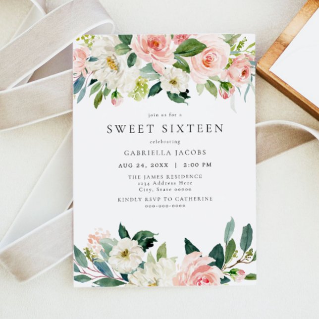 Invitation Élégant & Doux Blush Rose Floral Sweet 16 (Créateur téléchargé)